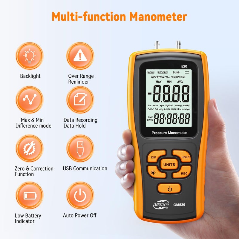 Benetech Digital Manometer Gas Pressure Tester, Professional Air Pressure Meter, Differential Pressure Gauge for HVAC, Gas Valve (GM520) - Image 3